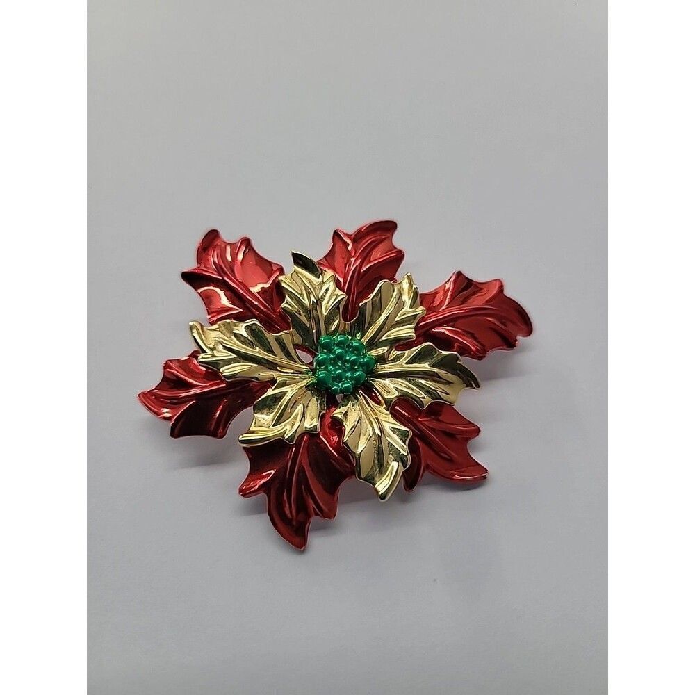 Vintage Poinsettia Christmas Brooch Pendant Red Enamel Gold Tone Green‎ Center
